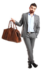 Business man with briefcase standing on white background 