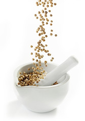 white peppercorns falling into mortar and pestle