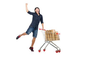 Man shopping with supermarket basket cart isolated on white