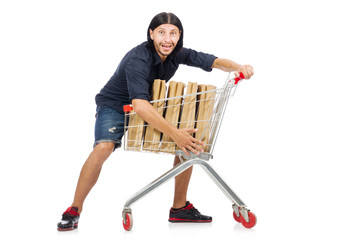Man shopping with supermarket basket cart isolated on white