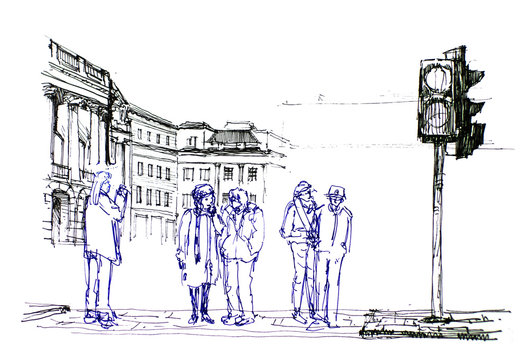 Group of people in Europe pen drawing