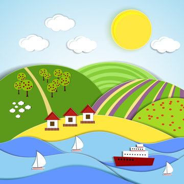 Vector landscape of sea  sun and green hills