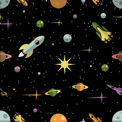 Seamless pattern with planets  rockets and stars