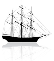 Black old ship isolated on white background