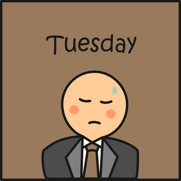 Martes. D&iacute;as de la semana. Avatar sudando con texto en ingl&eacute;s. Ilustraci&oacute;n vectorial