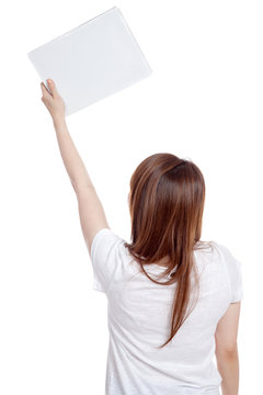Back of Asian girl hold blank sign