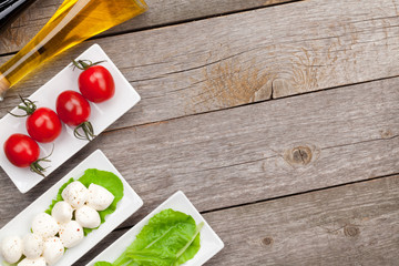 Tomatoes, mozzarella and green salad leaves with condiments