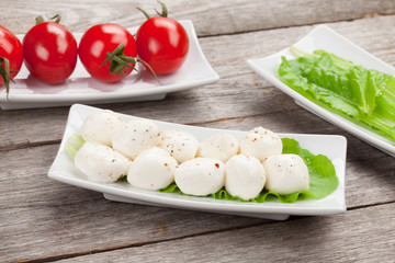 Tomatoes, mozzarella and green salad leaves