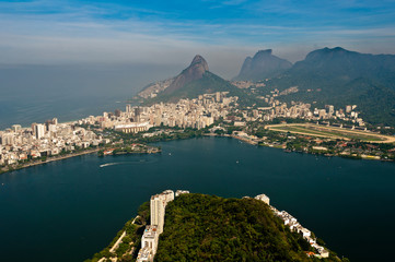 Fototapeta premium Aerial View of Rio de Janeiro Mountains, Lake, Urban Areas
