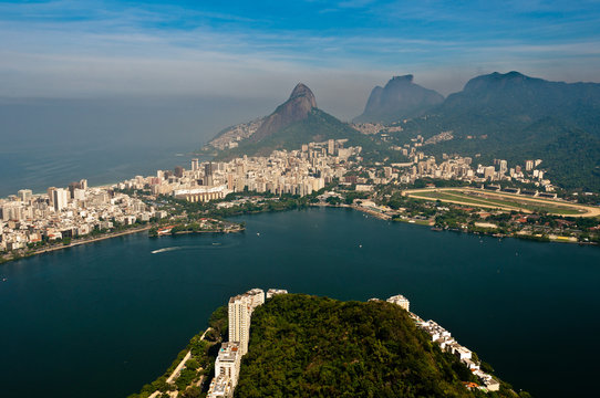 Aerial View of Rio de Janeiro Mountains, Lake, Urban Areas