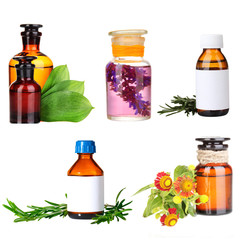 Collage of medicine bottles and herbs, isolated on white