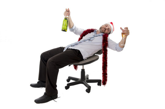 Drunk Businessman Drinking Champagne Office Christmas Party