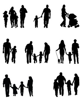 Black silhouettes of family walking, vector