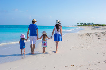 Back view young family of four on tropical beach