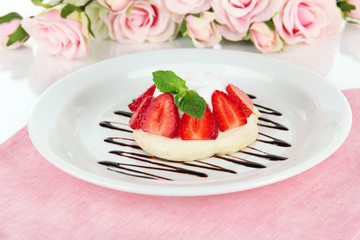 Tasty meringue cake with berries, close up