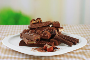 Plate with delicious chocolate bars