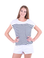 Obraz premium Beautiful young girl shorts and t-shirt isolated on white