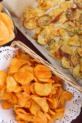 Homemade potato chips, close up