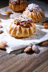 Tasty cakes on table close-up