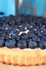 Tasty homemade pie with blueberries, close up