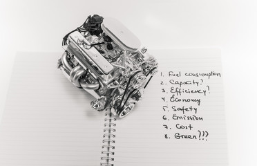 Truck engine model sitting on open grey spiral notebook