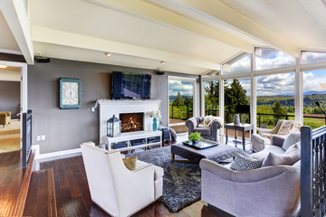 Fototapeta na wymiar Luxury house interior. Living room with beautiful view