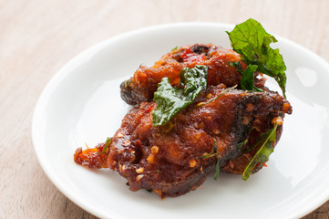 Fototapeta premium Spicy Stir Fried catfish on dish