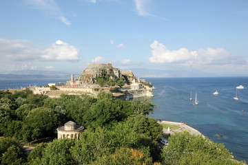 castle old fort and rotunda in Corfu a Greek island in blue Mediterranean sea	