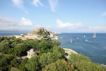 castle old fort and rotunda in Corfu a Greek island in blue Mediterranean sea	