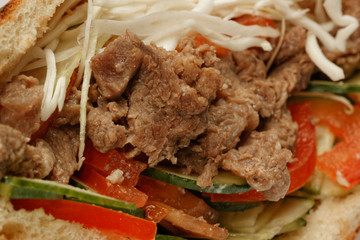 Closeup of doner kebab sandwich with beef meat