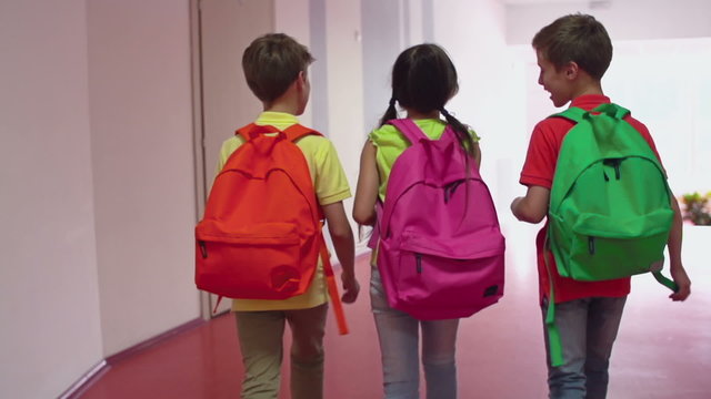 Rear view follow shot of primary students wearing colorful backpacks walking along school corridor and chatting