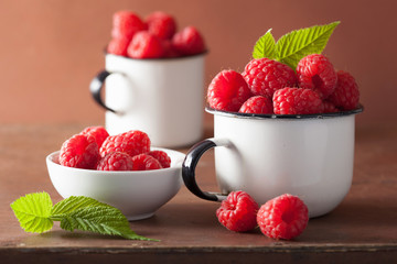 fresh raspberry in enamel cups over wooden background