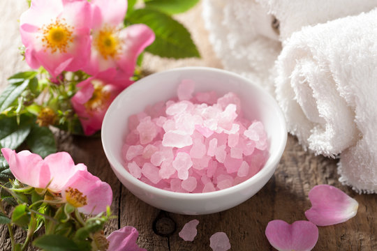 Spa With Pink Herbal Salt And Wild Rose Flowers