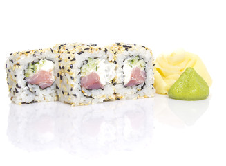 Sushi roll with sesame isolated on white background