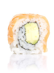 Single sushi roll isolated on white background. Asian food.