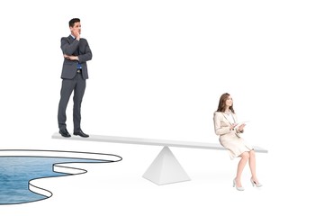 White scales weighing businessman and businesswoman