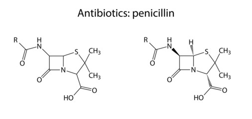 Structural chemical formulas of antibiotic penicillin