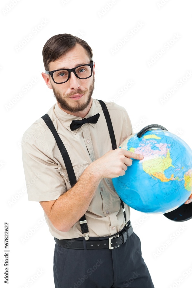 Aufkleber Geeky hipster pointing to globe