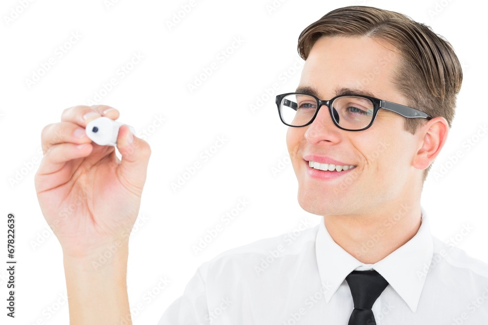 Poster geeky businessman writing with marker