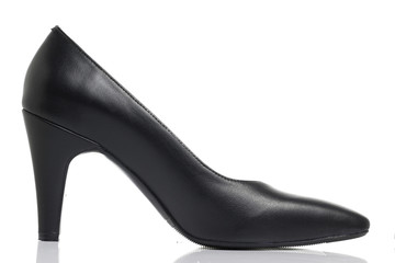 Black Leather High heel shoe on White background