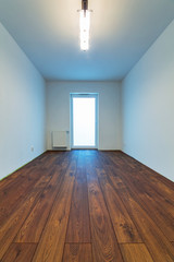 Empty apartment interior with wooden floor after renovation
