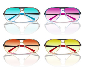 collection of colorful sunglasses isolated on white background