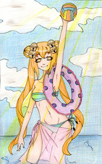 A colorfual drawing of an anime girl with a ball on the beach