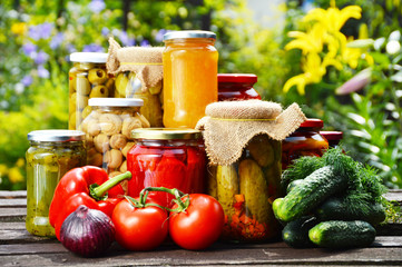 Jars of pickled vegetables in the garden. Marinated food