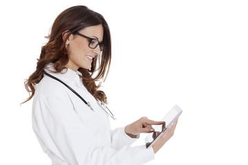 medical doctor woman with stethoscope and tablet