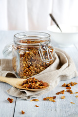 Granola in a glass jar, selective focus