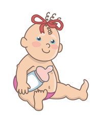 Blue-eyed baby girl holding a bottle