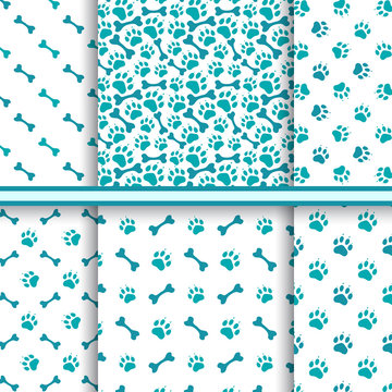 Seamless cat animal patterns of paw footprint - vector set