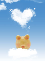 Piggy bank on cloud with heart shape cloud and airplanes