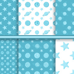 Set of space seamless patterns with planets and stars - blue vec
